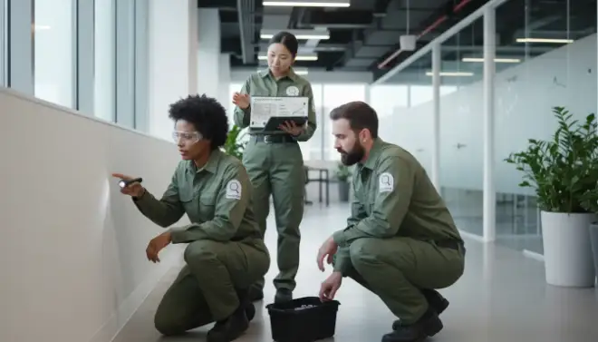 Equipe da Detecta inspecionando um edifício dentro de um programa de controle integrado de pragas