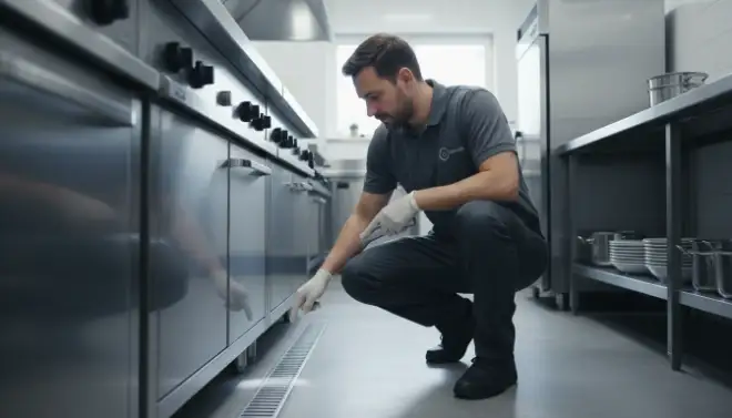 Profissional da Detecta inspecionando cozinha comercial para controle de formigas