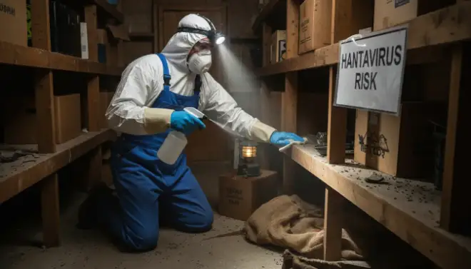 Pessoa usando EPIs para limpar ambiente com sinais de roedores e evitar contaminação por hantavírus