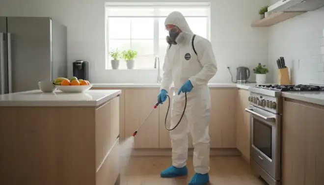 Técnico aplicando produto contra baratas em uma cozinha de forma segura