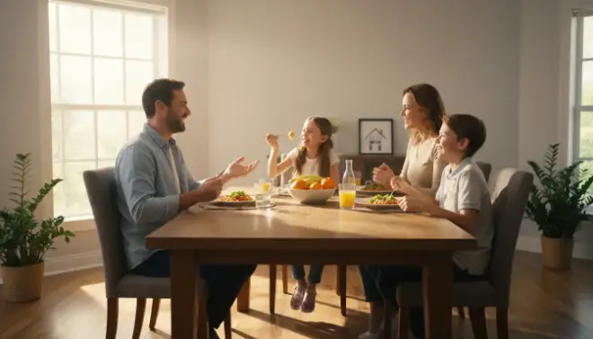 Família jantando tranquila em uma sala protegida após dedetização segura