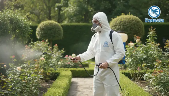 Técnico aplicando inseticida em quintal durante o controle profissional de mosquitos